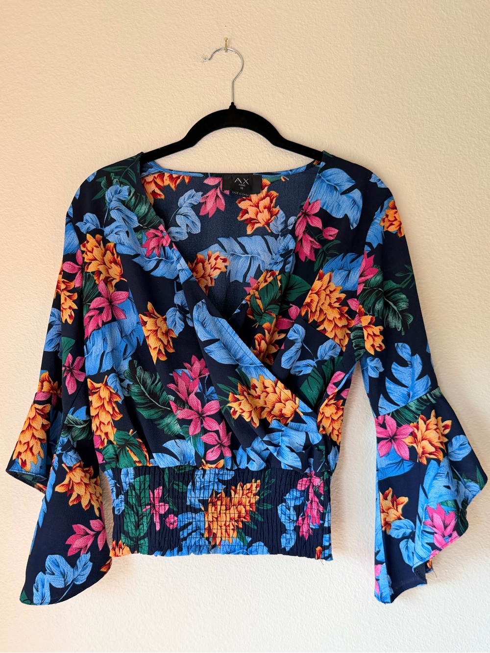 AX Paris Navy Floral Wrap Blouse with Smocked Waist, Size 10
